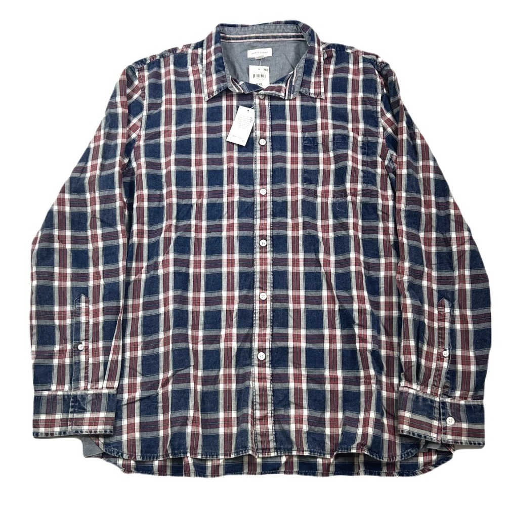 Sun + Stone Dio Plaid Shirt Mens 2XL Navy Blue Red Long Sleeve Button NEW